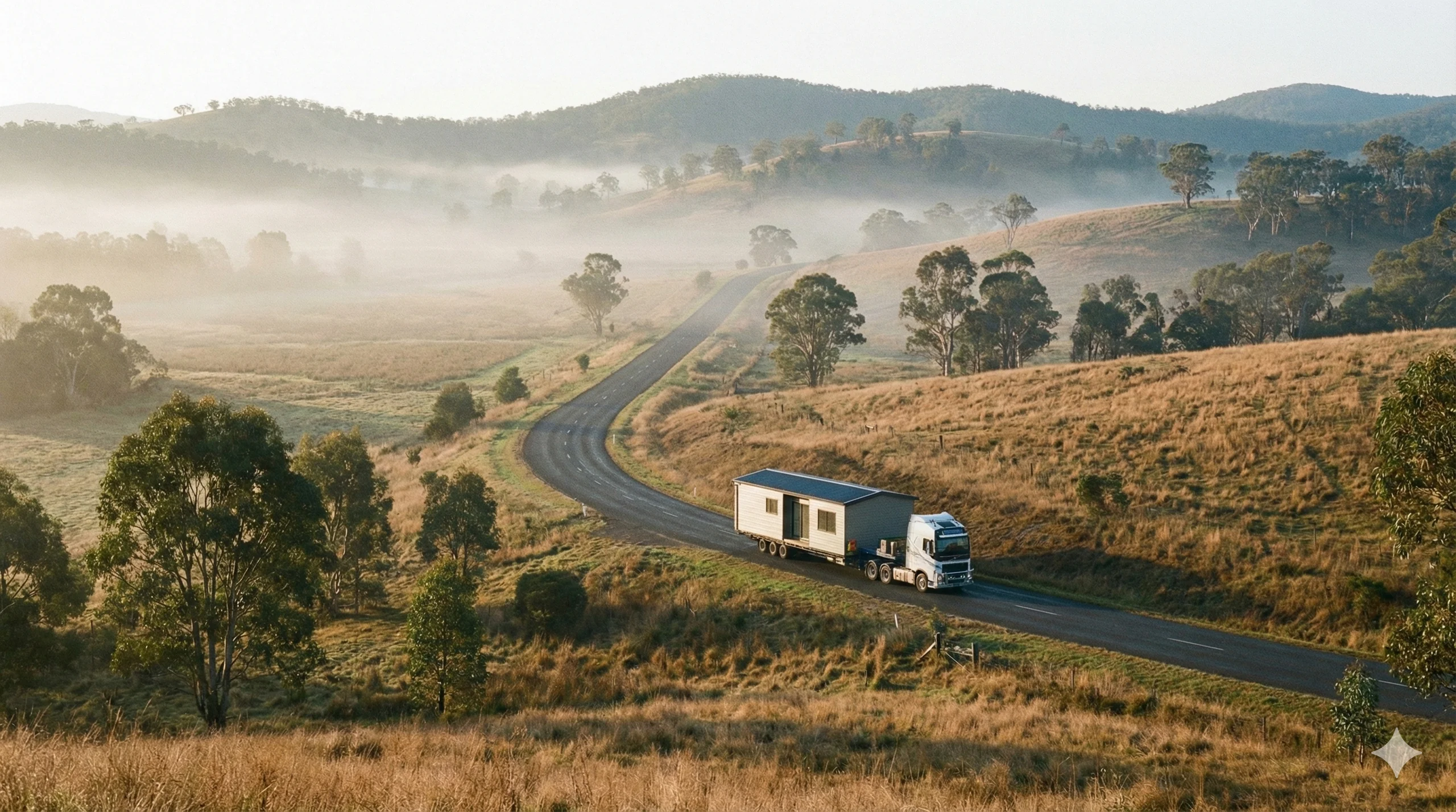 Modular home transport truck on winding country road in regional Victoria - illustrating the distance and complexity of delivery