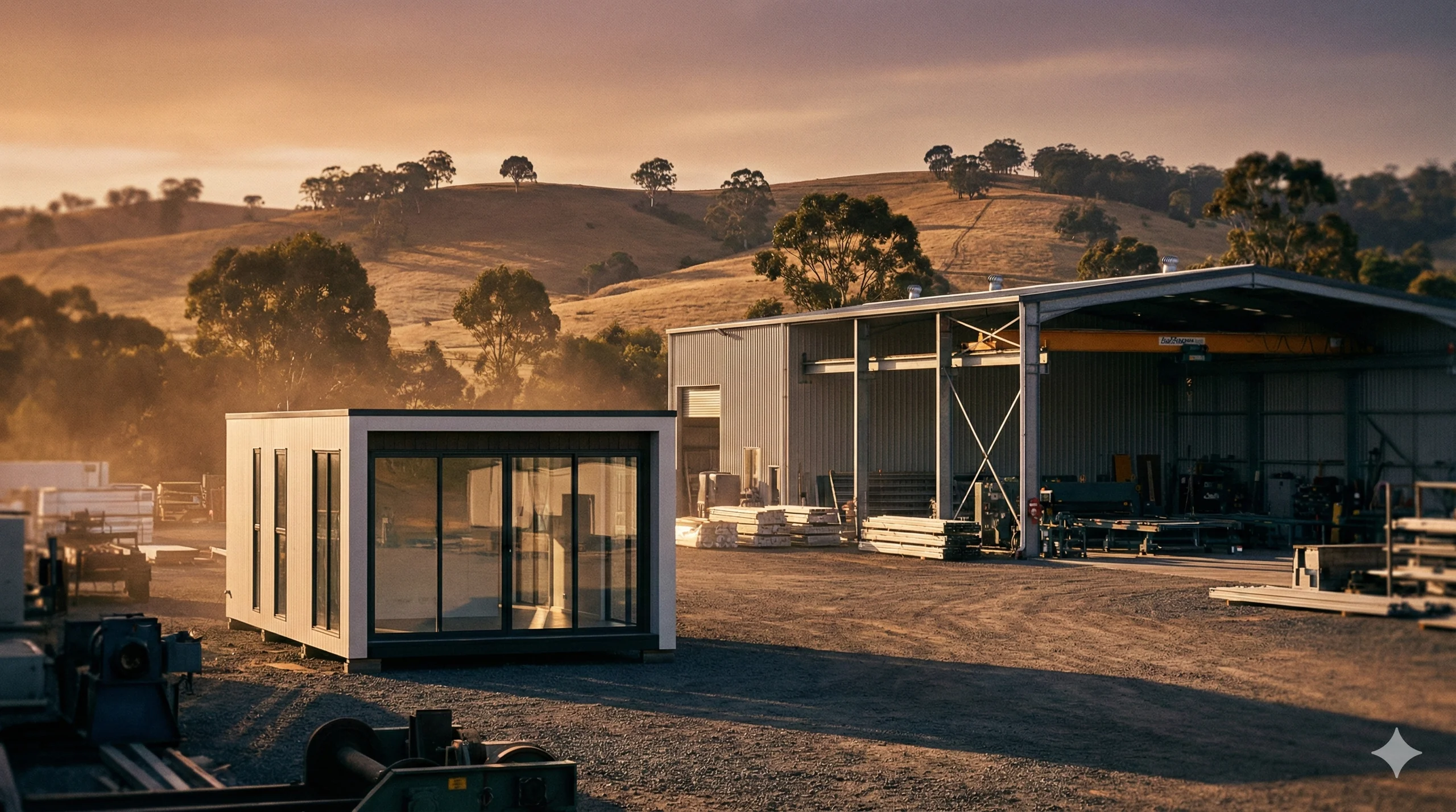 Partially assembled modular home on rural Victorian building site - showing the integration of factory precision with site reality